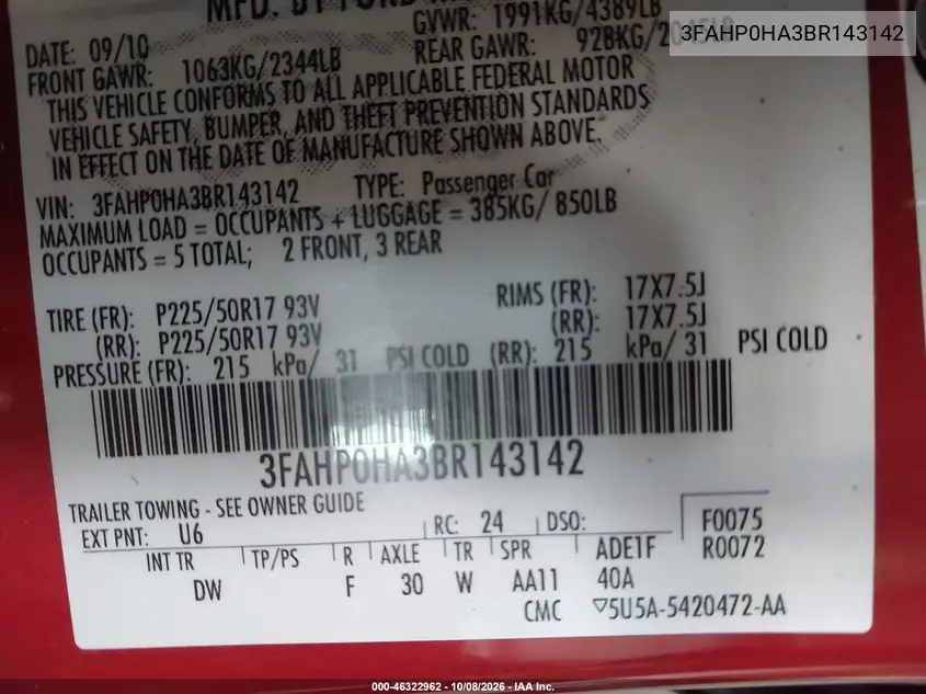 2011 FORD FUSION VIN 3FAHP0HA3BR143142 — фото 9