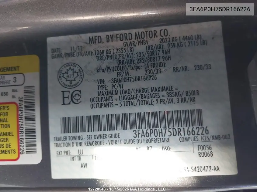 2013 FORD FUSION VIN 3FA6P0H75DR166226 — фото 18