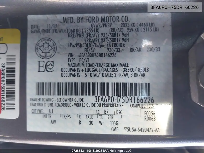 2013 FORD FUSION VIN 3FA6P0H75DR166226 — фото 9