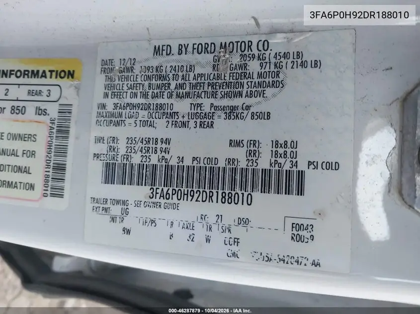 2013 FORD FUSION VIN 3FA6P0H92DR188010 — фото 9