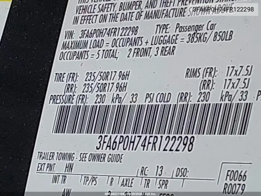 2015 FORD FUSION VIN 3FA6P0H74FR122298 — фото 9