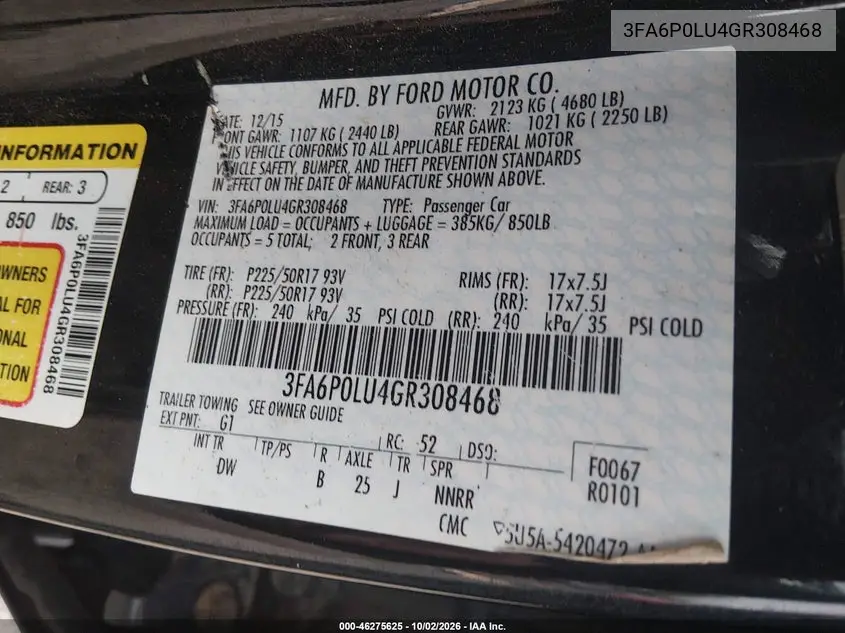 2016 FORD FUSION VIN 3FA6P0LU4GR308468 — фото 9