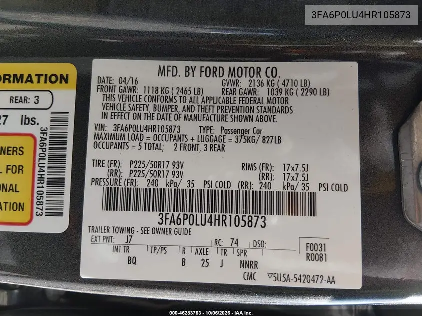 2017 FORD FUSION VIN 3FA6P0LU4HR105873 — фото 9