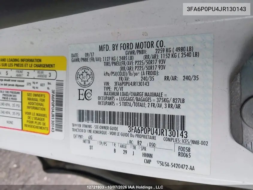 2018 FORD FUSION VIN 3FA6P0PU4JR130143 — фото 19