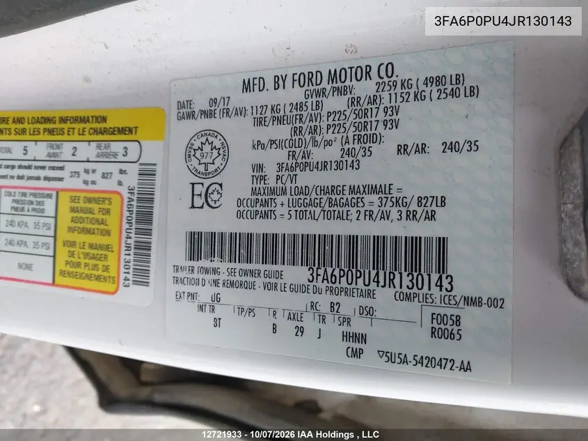 2018 FORD FUSION VIN 3FA6P0PU4JR130143 — фото 9