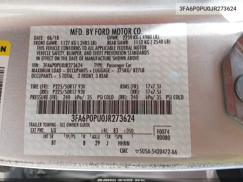 2018 FORD FUSION VIN 3FA6P0PU0JR273624 — фото 9