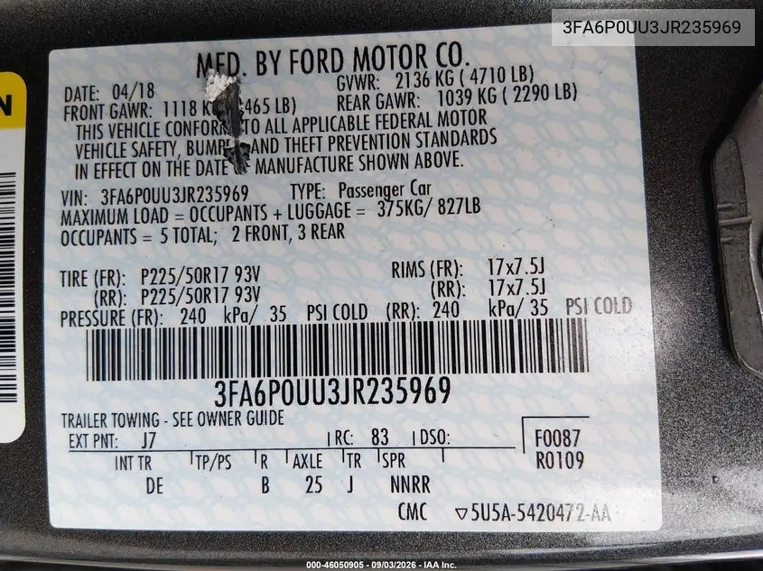 2018 FORD FUSION VIN 3FA6P0UU3JR235969 — фото 9