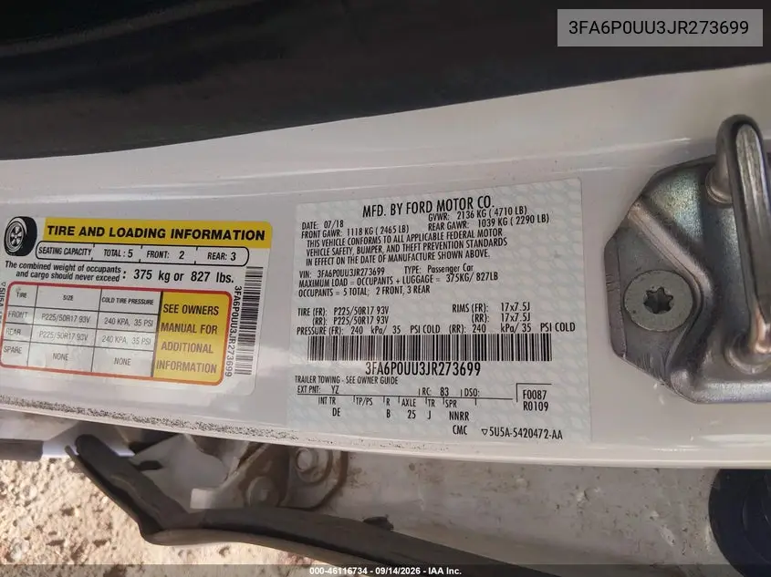 2018 FORD FUSION VIN 3FA6P0UU3JR273699 — фото 9