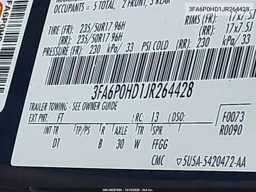 2018 FORD FUSION VIN 3FA6P0HD1JR264428 — фото 9