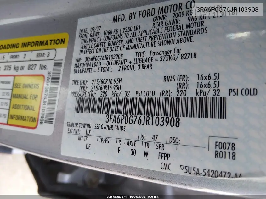 2018 FORD FUSION VIN 3FA6P0G76JR103908 — фото 9