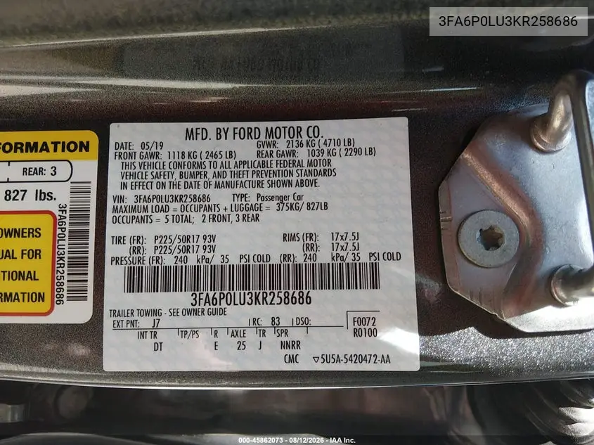 2019 FORD FUSION VIN 3FA6P0LU3KR258686 — фото 9