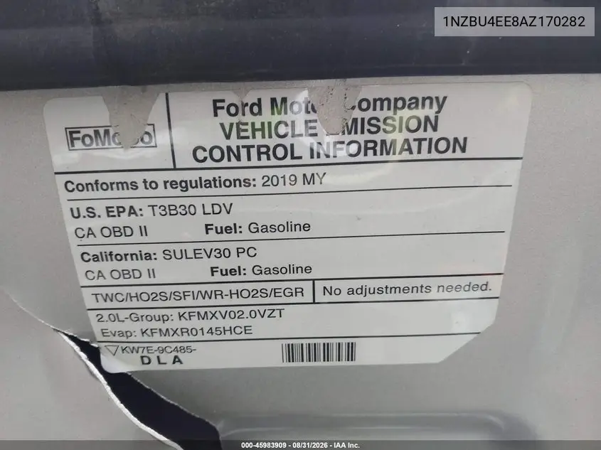 2019 FORD FUSION VIN 3FA6P0LU4KR262987 — фото 9