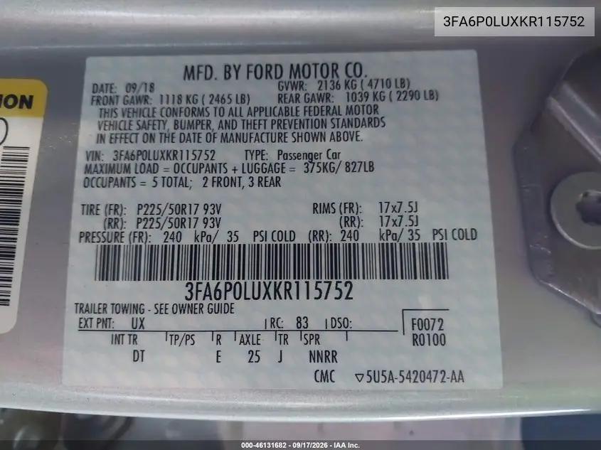 2019 FORD FUSION VIN 3FA6P0LUXKR115752 — фото 9
