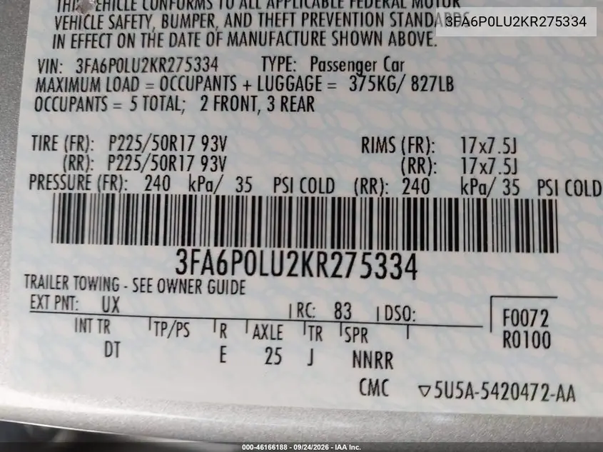 2019 FORD FUSION VIN 3FA6P0LU2KR275334 — фото 9