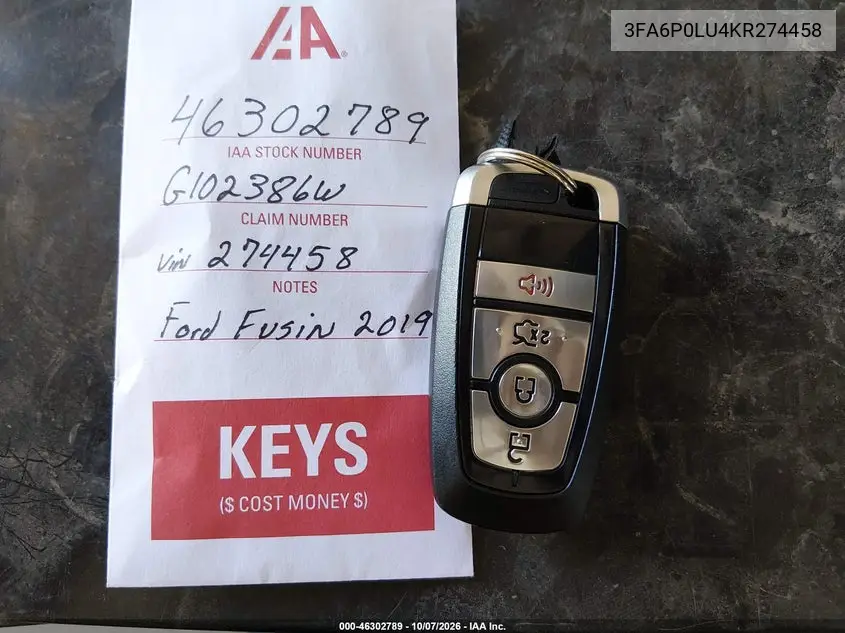 2019 FORD FUSION VIN 3FA6P0LU4KR274458 — фото 11