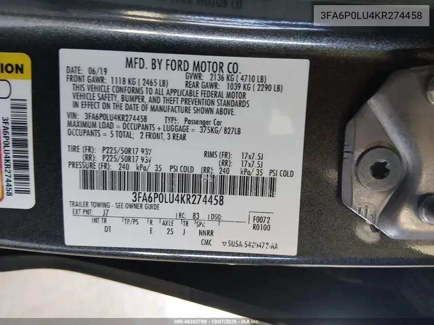 2019 FORD FUSION VIN 3FA6P0LU4KR274458 — фото 9
