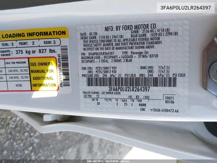 2020 FORD FUSION VIN 3FA6P0LU2LR264397 — фото 9