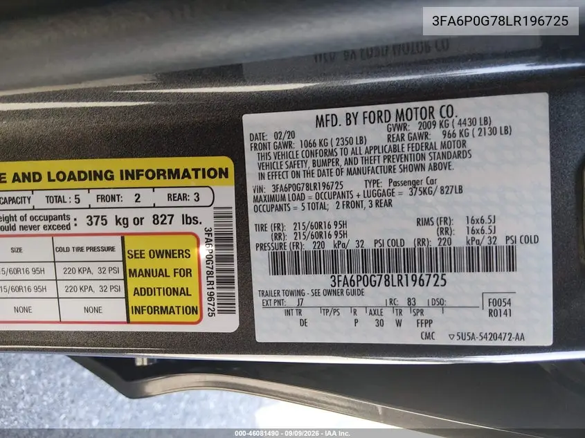 2020 FORD FUSION VIN 3FA6P0G78LR196725 — фото 9
