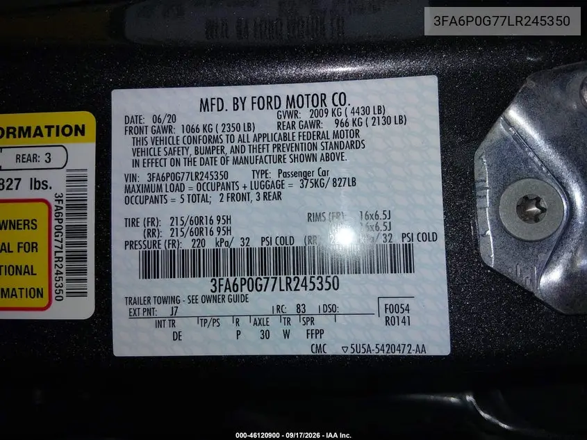 2020 FORD FUSION VIN 3FA6P0G77LR245350 — фото 9