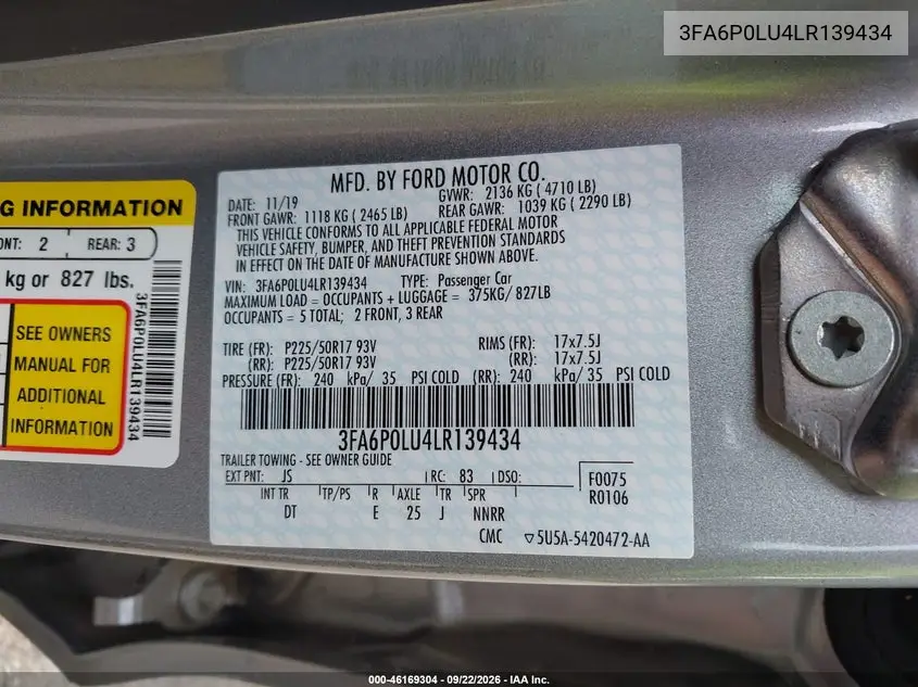 2020 FORD FUSION VIN 3FA6P0LU4LR139434 — фото 9