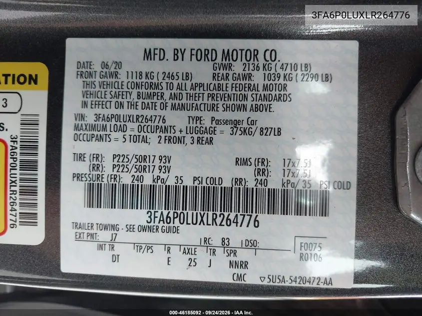 2020 FORD FUSION VIN 3FA6P0LUXLR264776 — фото 9