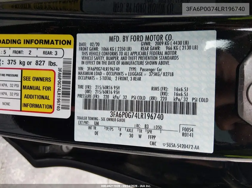 2020 FORD FUSION VIN 3FA6P0G74LR196740 — фото 9