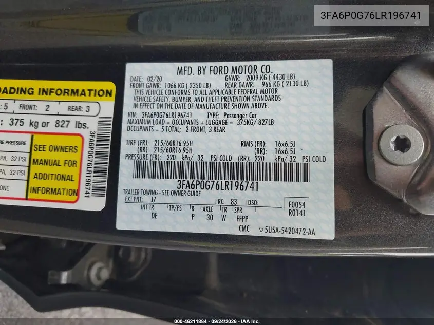 2020 FORD FUSION VIN 3FA6P0G76LR196741 — фото 9