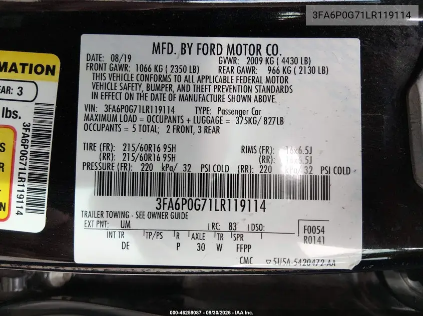 2020 FORD FUSION VIN 3FA6P0G71LR119114 — фото 9