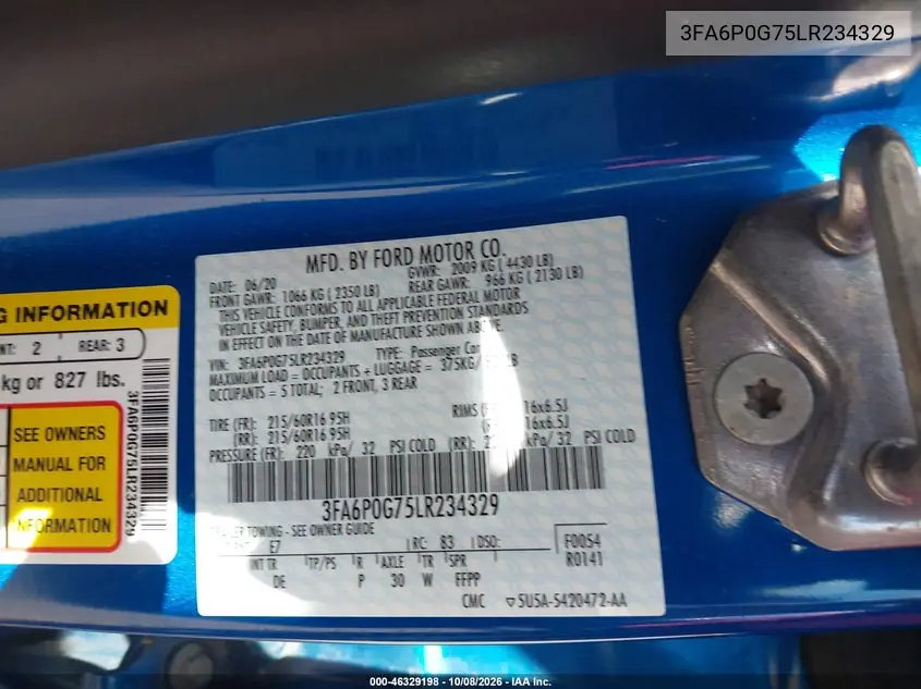 2020 FORD FUSION VIN 3FA6P0G75LR234329 — фото 9