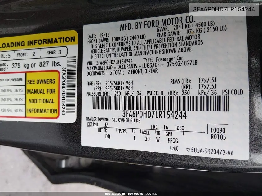 2020 FORD FUSION VIN 3FA6P0HD7LR154244 — фото 9