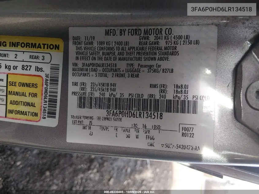 2020 FORD FUSION VIN 3FA6P0HD6LR134518 — фото 9