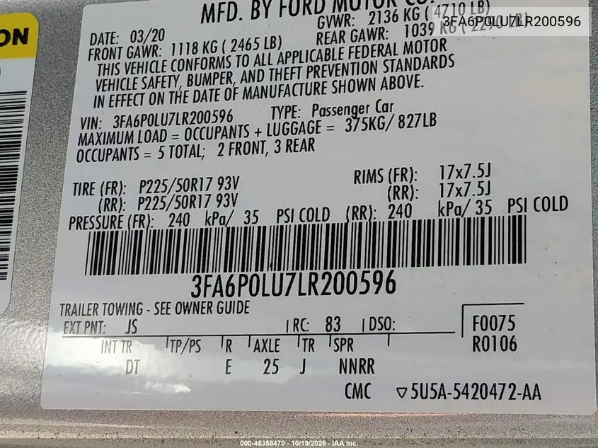 2020 FORD FUSION VIN 3FA6P0LU7LR200596 — фото 9