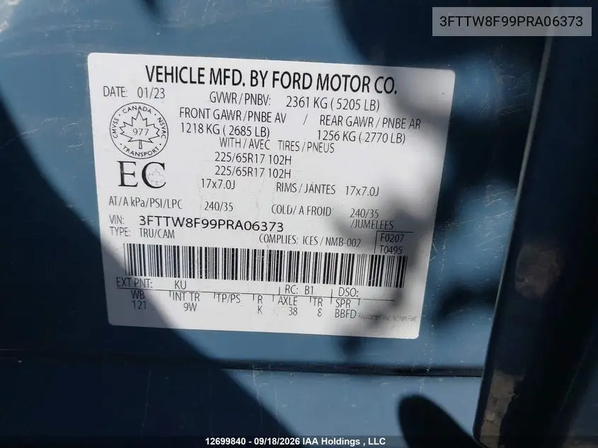 2023 FORD MAVERICK VIN 3FTTW8F99PRA06373 — фото 9