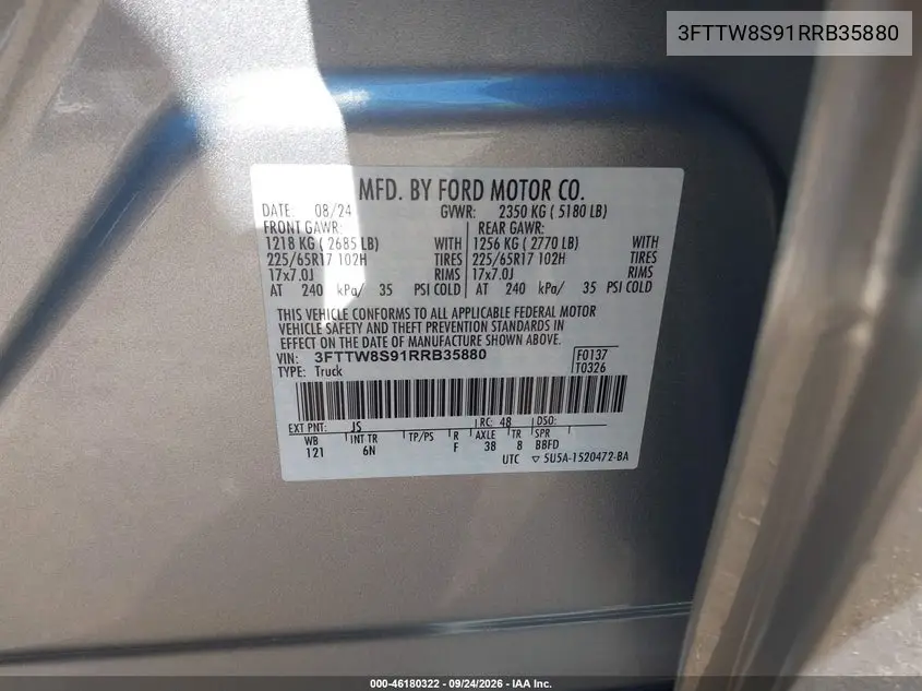 2024 FORD MAVERICK VIN 3FTTW8S91RRB35880 — фото 9