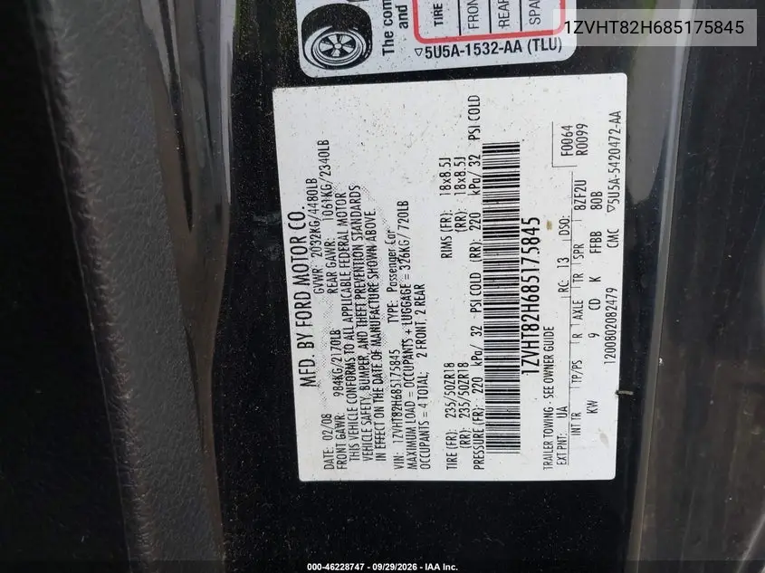 2008 FORD MUSTANG VIN 1ZVHT82H685175845 — фото 9