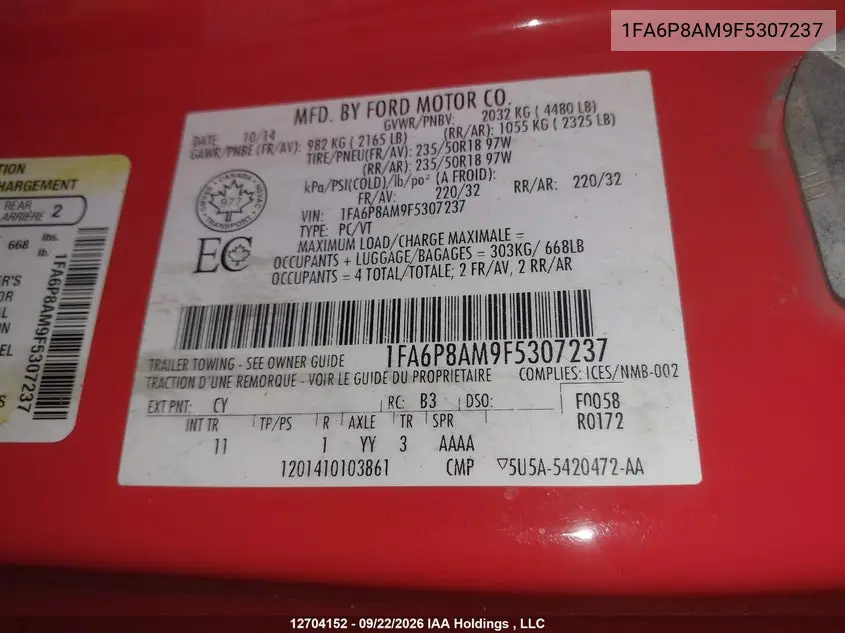 2015 FORD MUSTANG VIN 1FA6P8AM9F5307237 — фото 19
