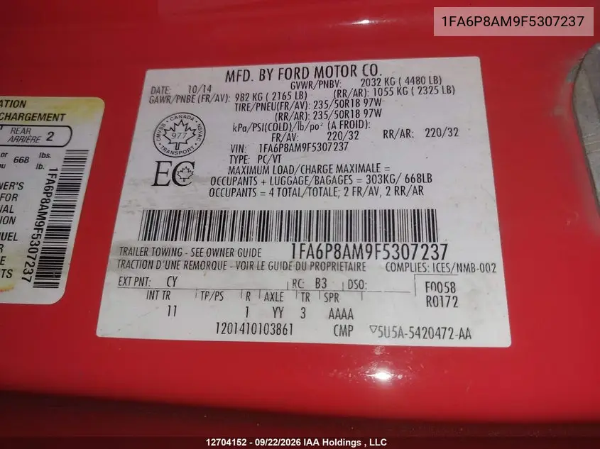 2015 FORD MUSTANG VIN 1FA6P8AM9F5307237 — фото 9