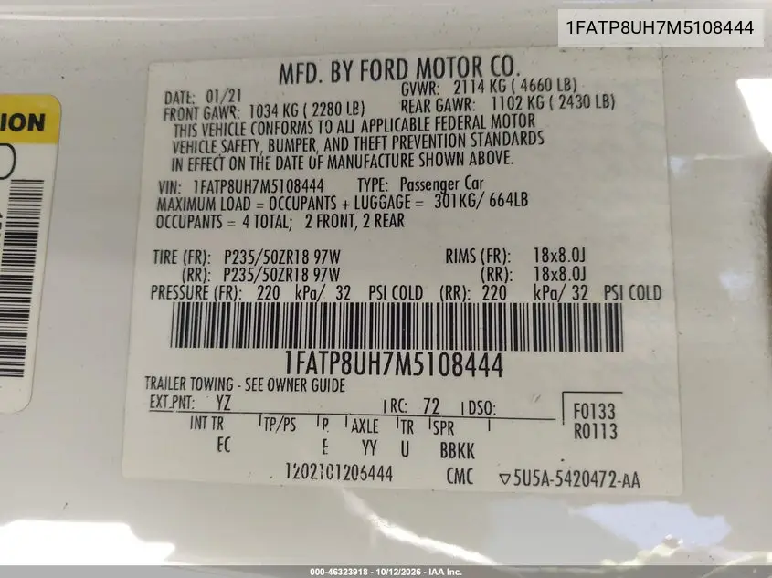 2021 FORD MUSTANG VIN 1FATP8UH7M5108444 — фото 9