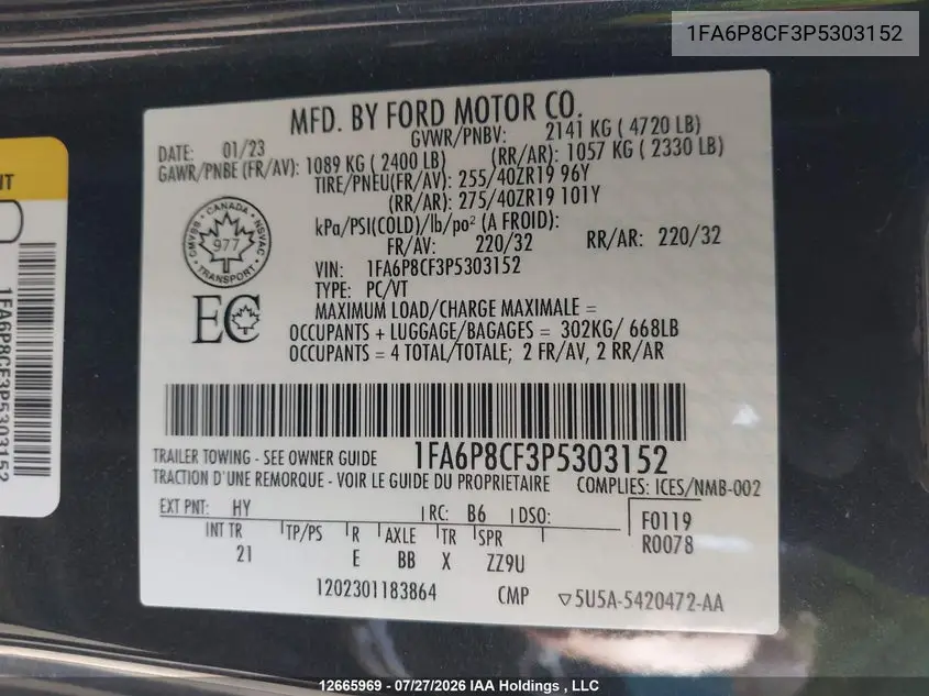 2023 FORD MUSTANG VIN 1FA6P8CF3P5303152 — фото 19