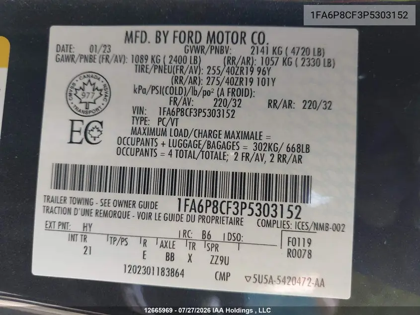 2023 FORD MUSTANG VIN 1FA6P8CF3P5303152 — фото 9