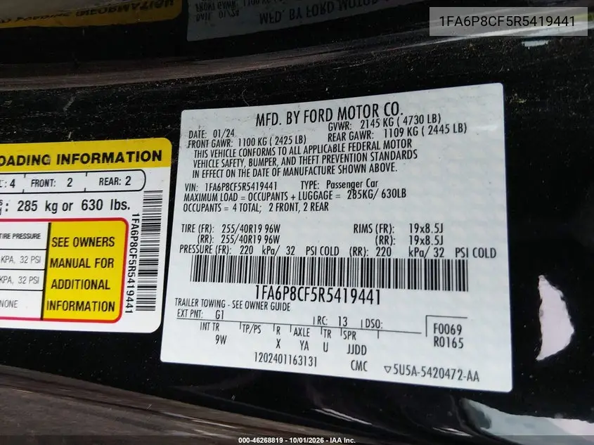 2024 FORD MUSTANG VIN 1FA6P8CF5R5419441 — фото 9
