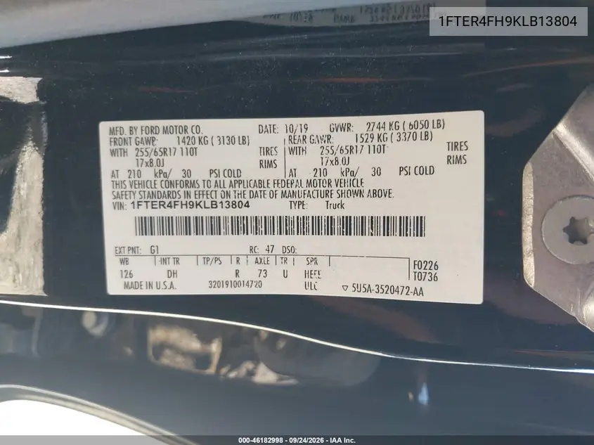 2019 FORD RANGER VIN 1FTER4FH9KLB13804 — фото 9