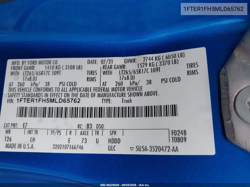 2021 FORD RANGER VIN 1FTER1FH5MLD65762 — фото 9
