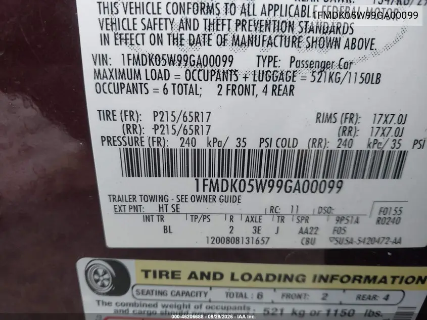 2009 FORD TAURUS X VIN 1FMDK05W99GA00099 — фото 9