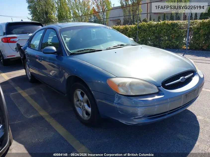 FORD TAURUS 2000, VIN 1FAFP53U8YG225194
