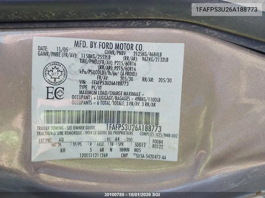 2006 FORD TAURUS VIN 1FAFP53U26A188773 — фото 9
