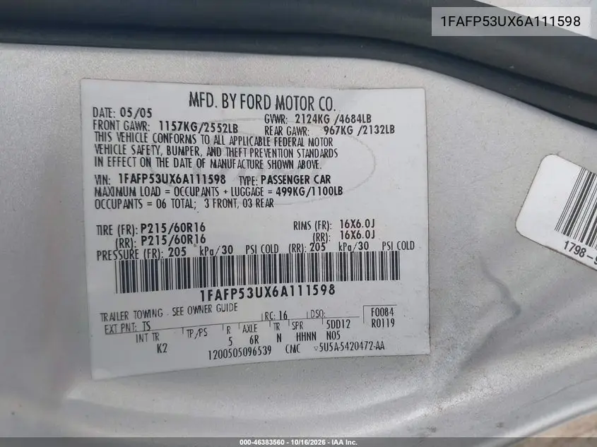 2006 FORD TAURUS VIN 1FAFP53UX6A111598 — фото 9