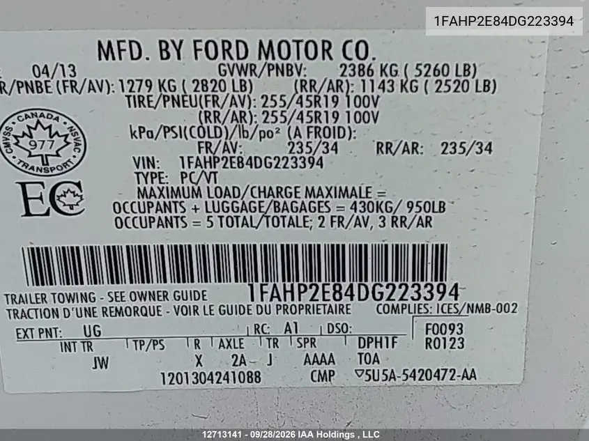2013 FORD TAURUS VIN 1FAHP2E84DG223394 — фото 9