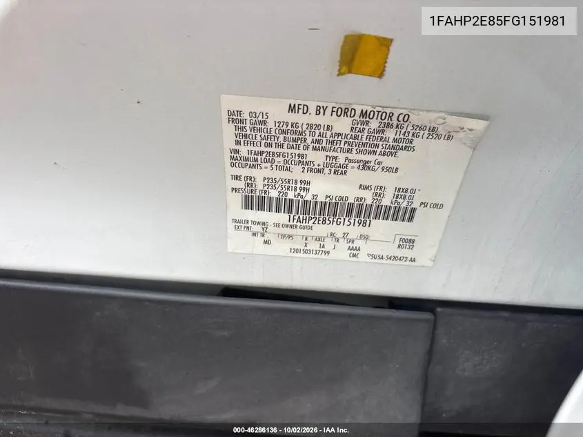 2015 FORD TAURUS VIN 1FAHP2E85FG151981 — фото 9