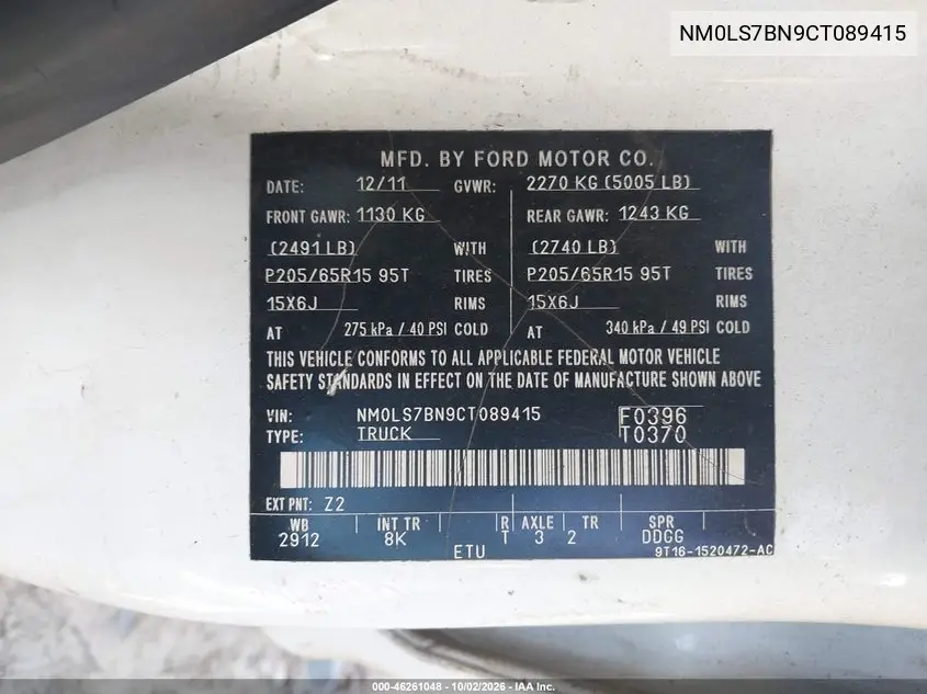 2012 FORD TRANSIT CONNECT VIN NM0LS7BN9CT089415 — фото 9